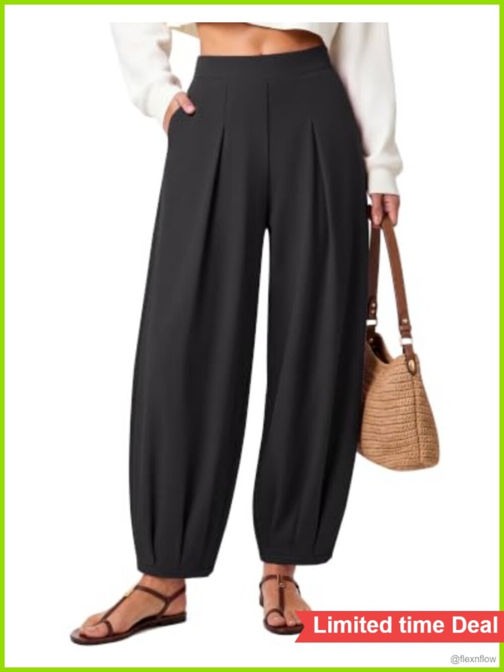 High Rise Pleated Harem Trousers Ankle Length Pants Womens Casual